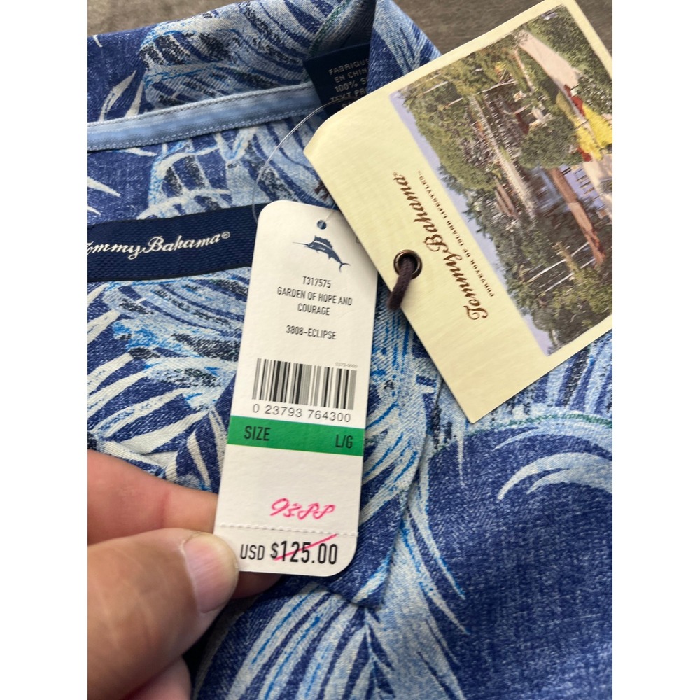 Tommy Bahama Mens Silk Camp Shirt Garden Of Hope And Courage Blue Palm Print L - Picture 5 of 8